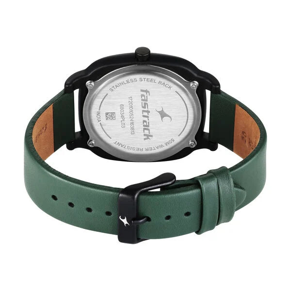 Fastrack Hype All Black Quartz Analog Black Dial With Green Leather Strap Watch For Unisex 68034PL03