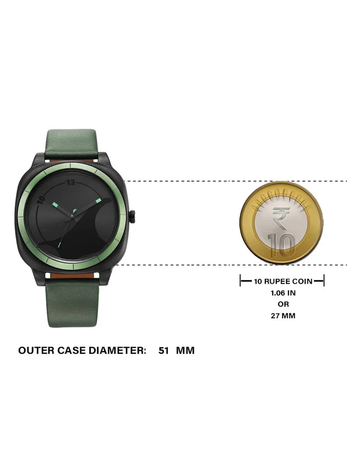 Fastrack Hype All Black Quartz Analog Black Dial With Green Leather Strap Watch For Unisex 68034PL03