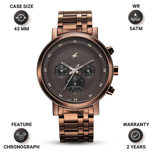 Fastrack Kronos Multifunction Brown Dial Stainless Steel Strap Watch for Guys 3287qm04