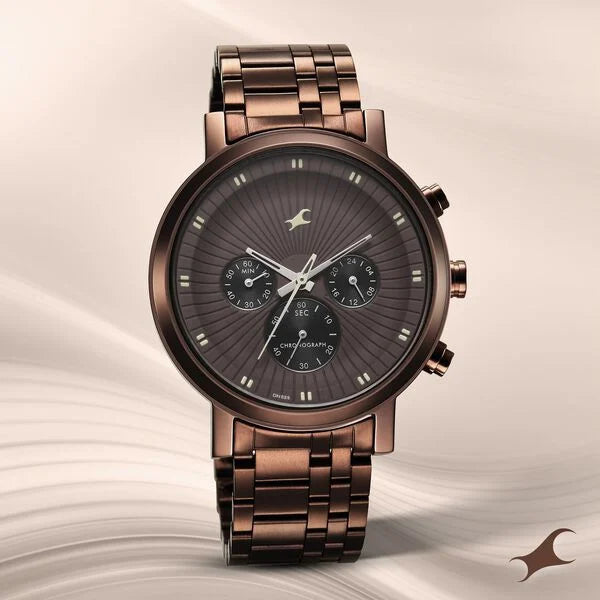 Fastrack Kronos Multifunction Brown Dial Stainless Steel Strap Watch for Guys 3287qm04