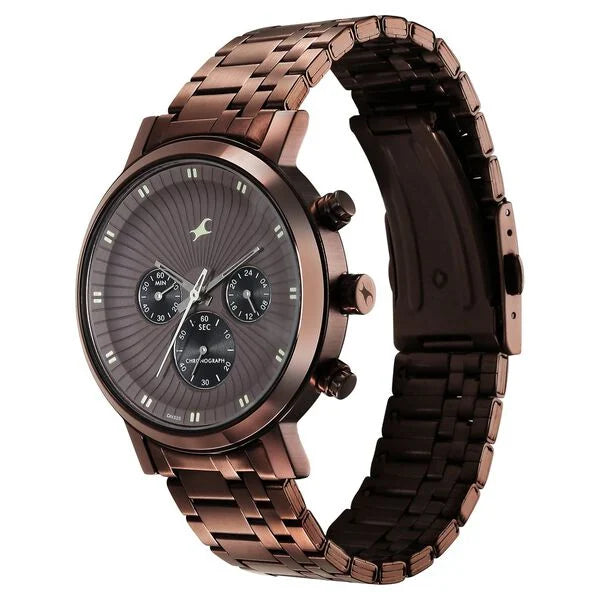 Fastrack Kronos Multifunction Brown Dial Stainless Steel Strap Watch for Guys 3287qm04
