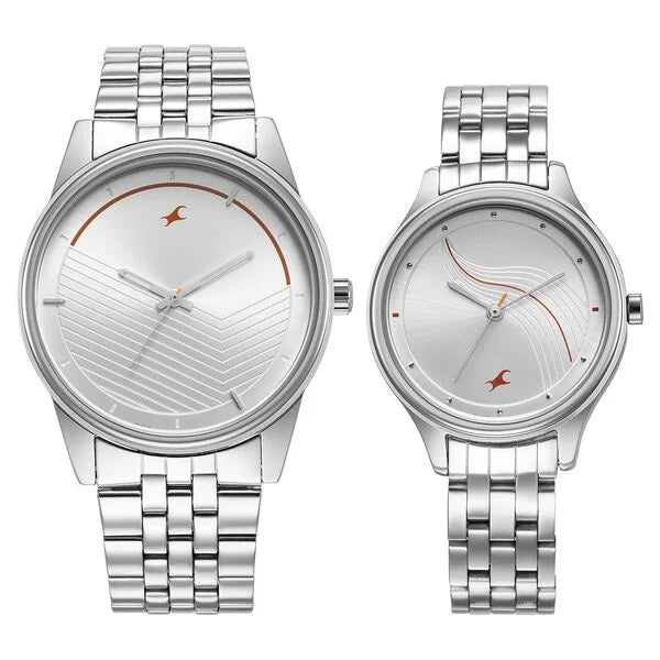 Fastrack Mixmatched Quartz Analog Silver Dial Silver Stainless Steel Strap Watch for Couple 33056296SM01