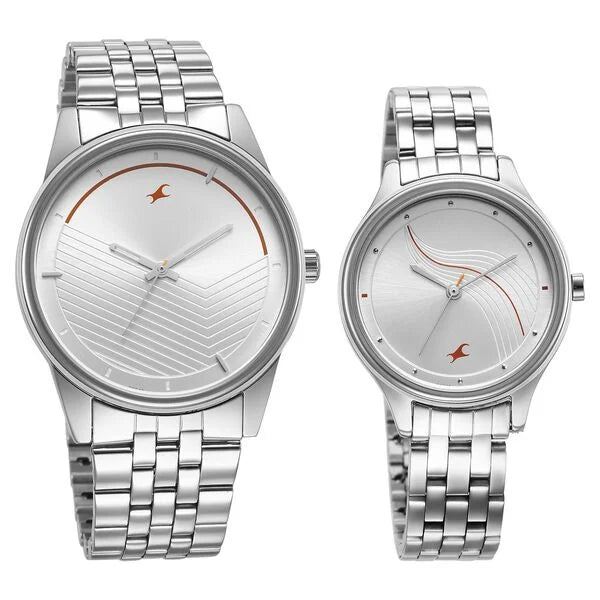Fastrack Mixmatched Quartz Analog Silver Dial Silver Stainless Steel Strap Watch for Couple 33056296SM01