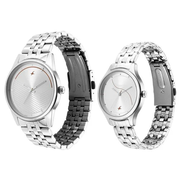 Fastrack Mixmatched Quartz Analog Silver Dial Silver Stainless Steel Strap Watch for Couple 33056296SM01