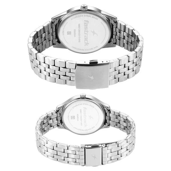 Fastrack Mixmatched Quartz Analog Silver Dial Silver Stainless Steel Strap Watch for Couple 33056296SM01