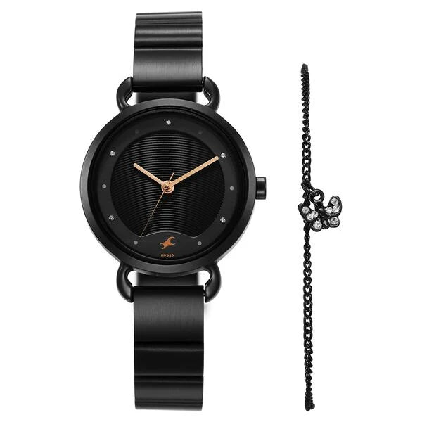 Fastrack Pulse Quartz Analog Black Dial Stainless Steel Strap Watch for Girls 6221nm03f