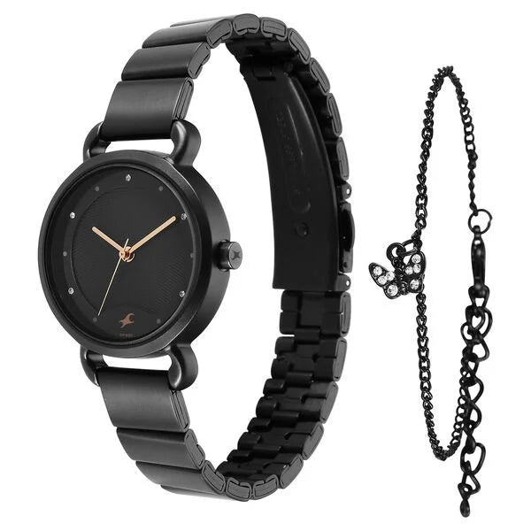 Fastrack Pulse Quartz Analog Black Dial Stainless Steel Strap Watch for Girls 6221nm03f
