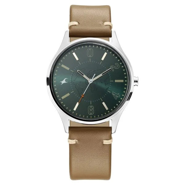 Fastrack Tripster Quartz Analog Green Dial Leather Strap Watch for Guys ns3237sl01