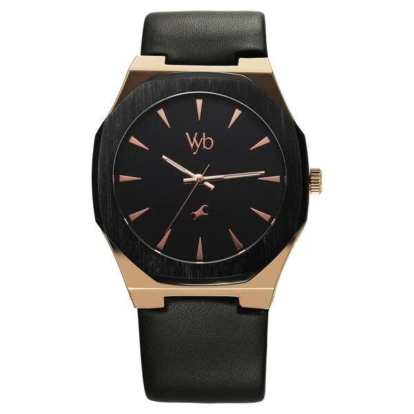 Fastrack Vyb Challenger Quartz Analog Black Dial Black Color Leather Strap Watch For Guys fv30013kl01w