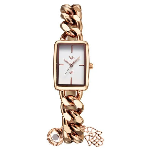 Fastrack Vyb Prodigy Quartz Analog White Dial Rose Gold Color Metal Strap Watch For Girls fv60048wm01w