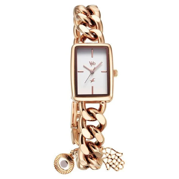Fastrack Vyb Prodigy Quartz Analog White Dial Rose Gold Color Metal Strap Watch For Girls fv60048wm01w