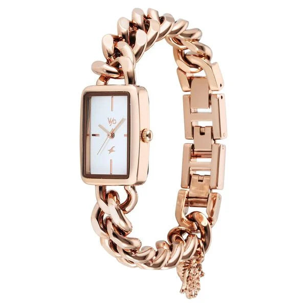 Fastrack Vyb Prodigy Quartz Analog White Dial Rose Gold Color Metal Strap Watch For Girls fv60048wm01w
