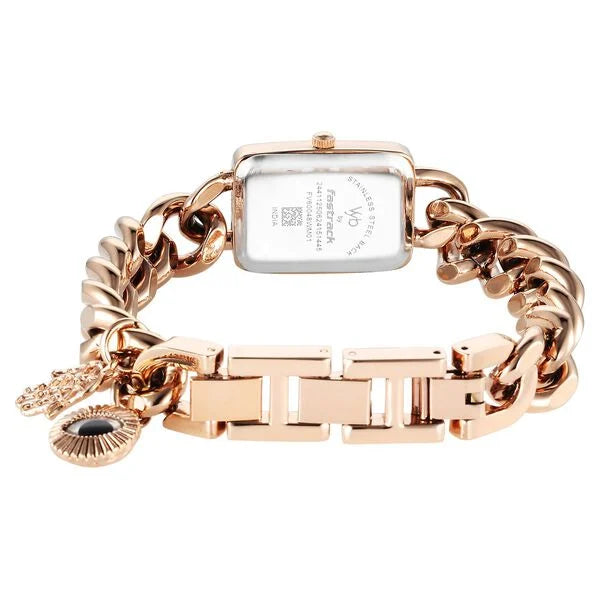 Fastrack Vyb Prodigy Quartz Analog White Dial Rose Gold Color Metal Strap Watch For Girls fv60048wm01w