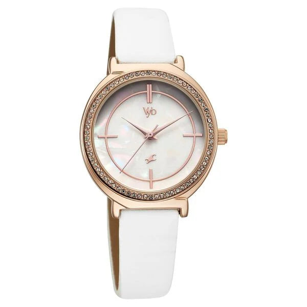 Fastrack Vyb Spotlight Quartz Analog Mother of Pearl Dial White Leather Strap Watch For Girls fv60044wl01w