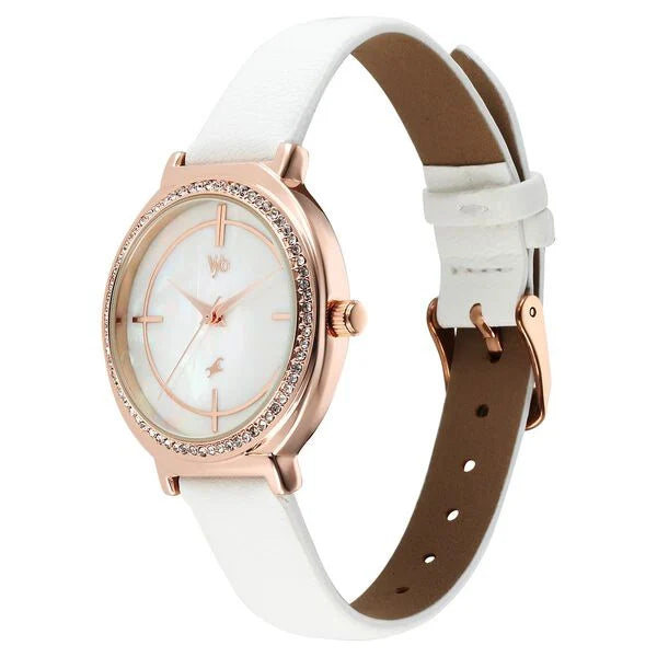 Fastrack Vyb Spotlight Quartz Analog Mother of Pearl Dial White Leather Strap Watch For Girls fv60044wl01w