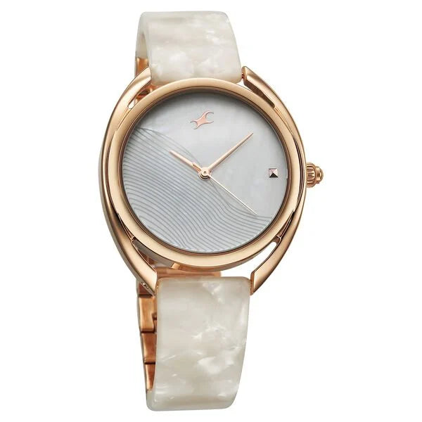Fastrack Younique Quartz Analog Mother Of Pearl Dial Acetate & MetalStrap Watch For Girls 68036kd03