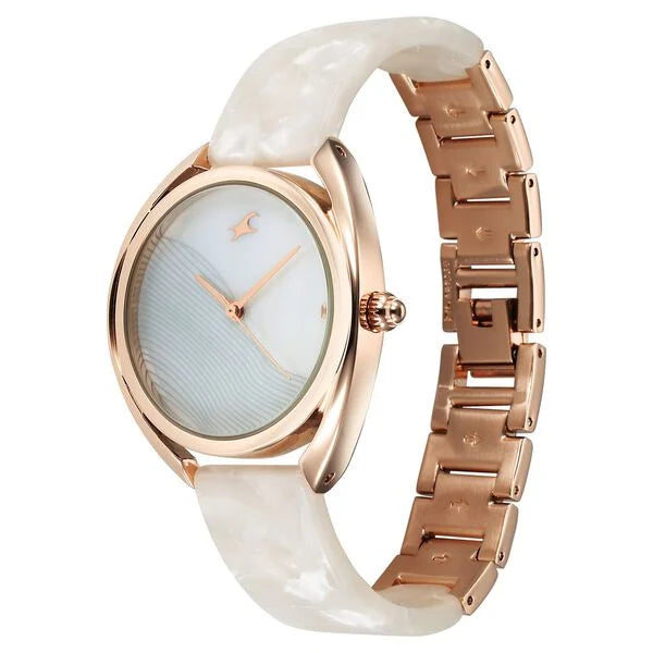 Fastrack Younique Quartz Analog Mother Of Pearl Dial Acetate & MetalStrap Watch For Girls 68036kd03