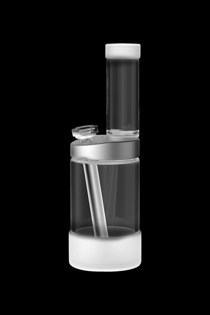 Clear glass water pipe (rig) with a bubbler and frosted base, isolated on a black background.