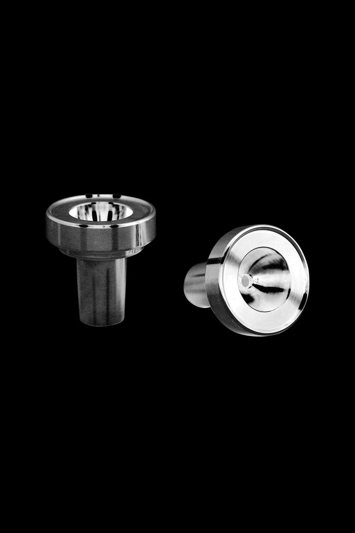 Silver cannabis oil burner attachment with two views displayed on a black background.