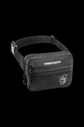 Black fanny pack with “HUMAN SUCKS” text and a bee graphic, likely designed to discreetly carry cannabis accessories.