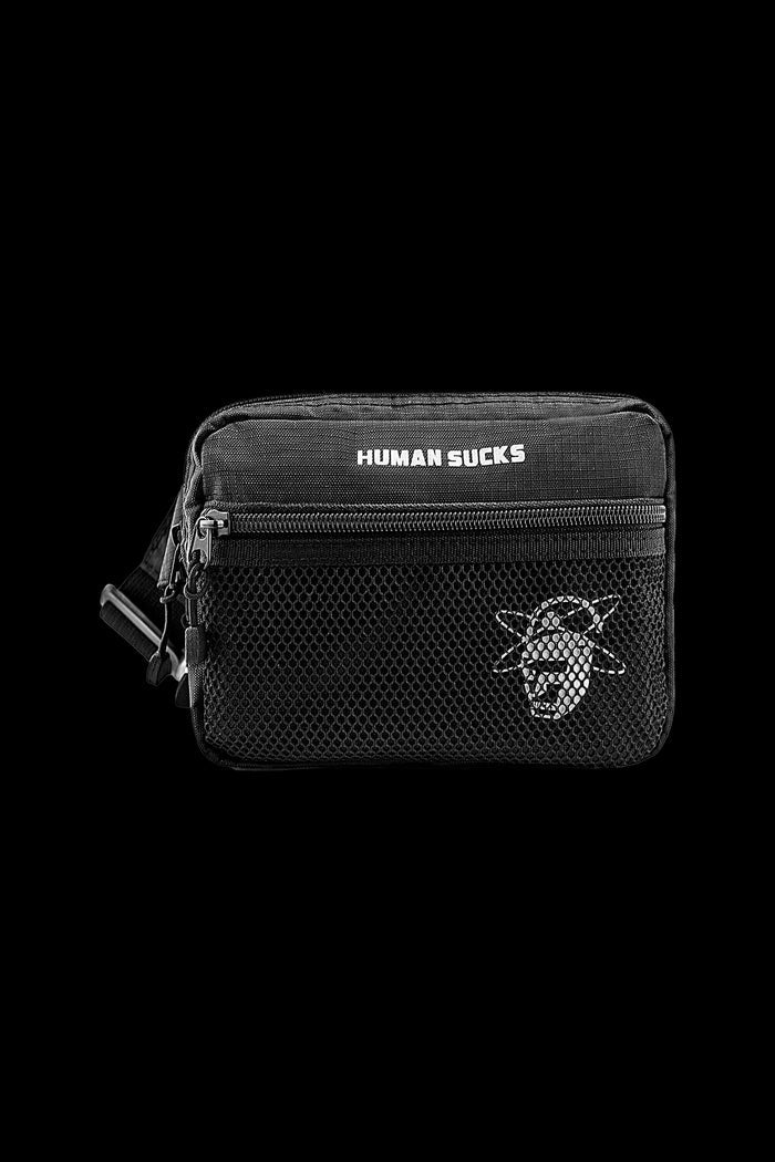 Black cannabis accessory bag with "HUMAN SUCKS" text and skull graphic.