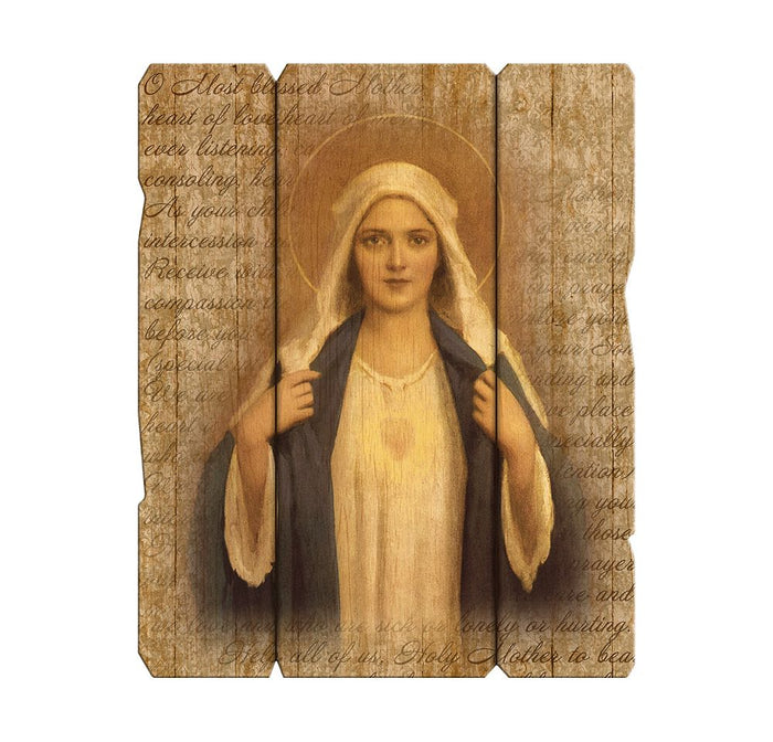 Immaculate Heart of Mary wood panel plaque, 11.25" x 14"