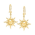 Gold sun dangle earrings with textured sun charm and earwire hooks