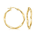 Twisted gold-tone hoop earrings with hinged clasp, round profile