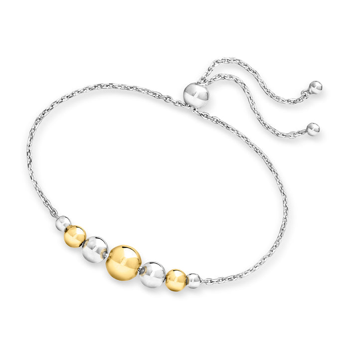 Graduated gold and silver round beads on sterling silver bolo bracelet with loop ends