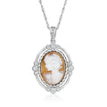 Sterling silver cameo pendant necklace with orange agate oval and CZ halo