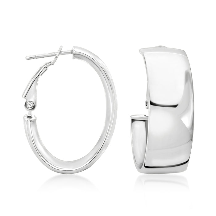 Sterling silver oval hoop earrings with hinged clasp, polished finish