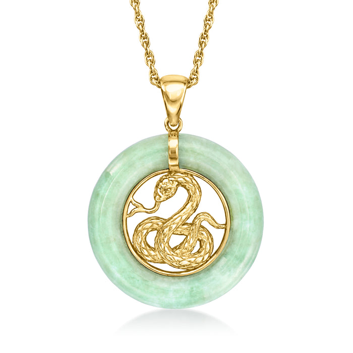 Round green jade snake pendant on 18kt gold over sterling chain