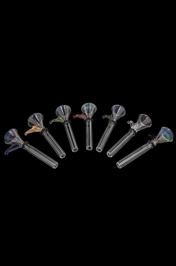 Row of clear glass LA Pipes 9mm Funnel Slide Bowl with Handle for Pull-Stem Bongs fanned across a black background, top-down view.