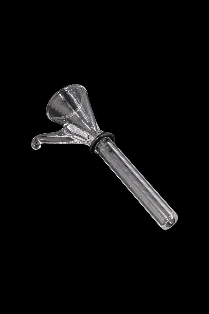 Angled close-up of the clear glass LA Pipes 9mm Funnel Slide Bowl with Handle for Pull-Stem Bongs against a black background.