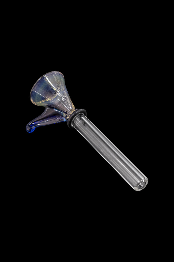 Angled close-up of the LA Pipes 9mm Funnel Slide Bowl with Handle for Pull-Stem Bongs showing its iridescent greenish funnel and clear stem against a black background.