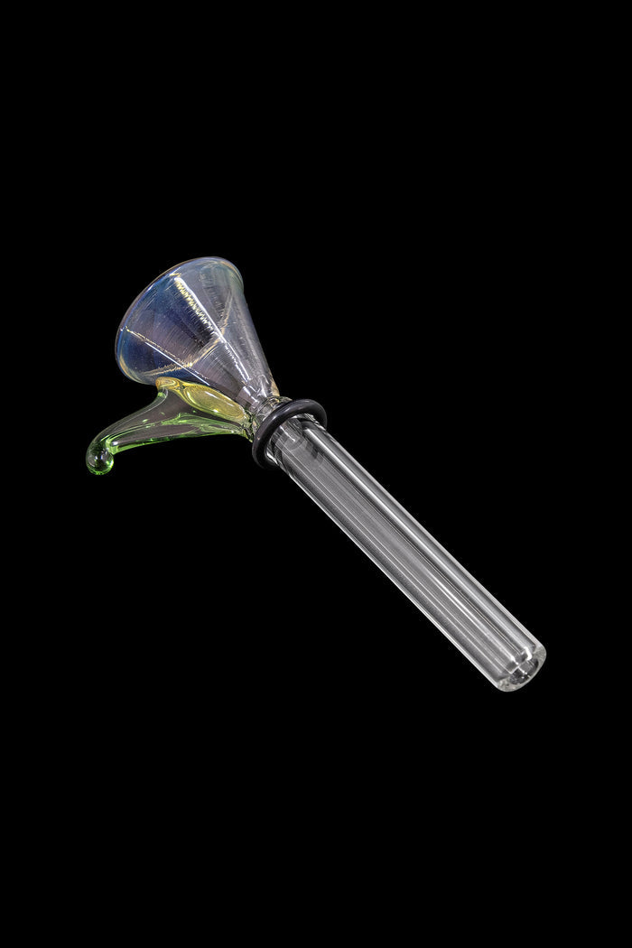 Angled close-up of the LA Pipes 9mm Funnel Slide Bowl with Handle for Pull-Stem Bongs showing its iridescent funnel and green curved handle against a black background