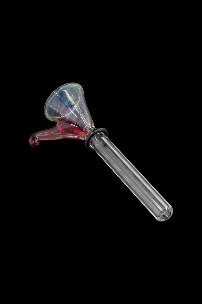 Angled close-up of the LA Pipes 9mm Funnel Slide Bowl with Handle for Pull-Stem Bongs showing an iridescent funnel and amber-red glass handle against a black background.