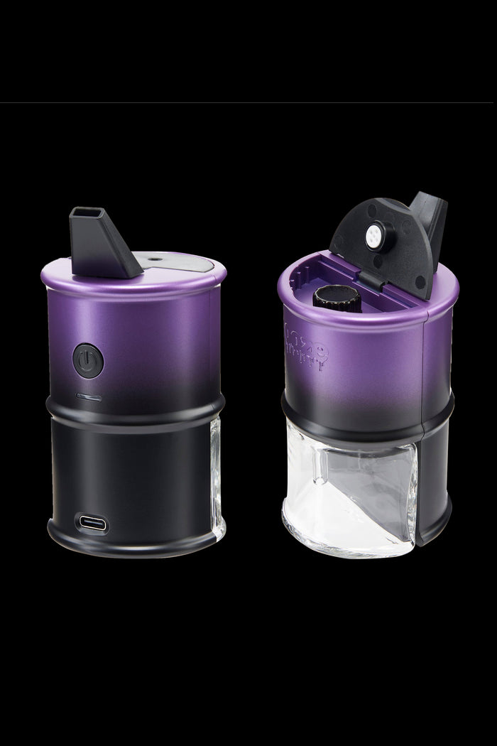 Purple cannabis vaporizer with transparent chamber, displayed from two angles on a black background.