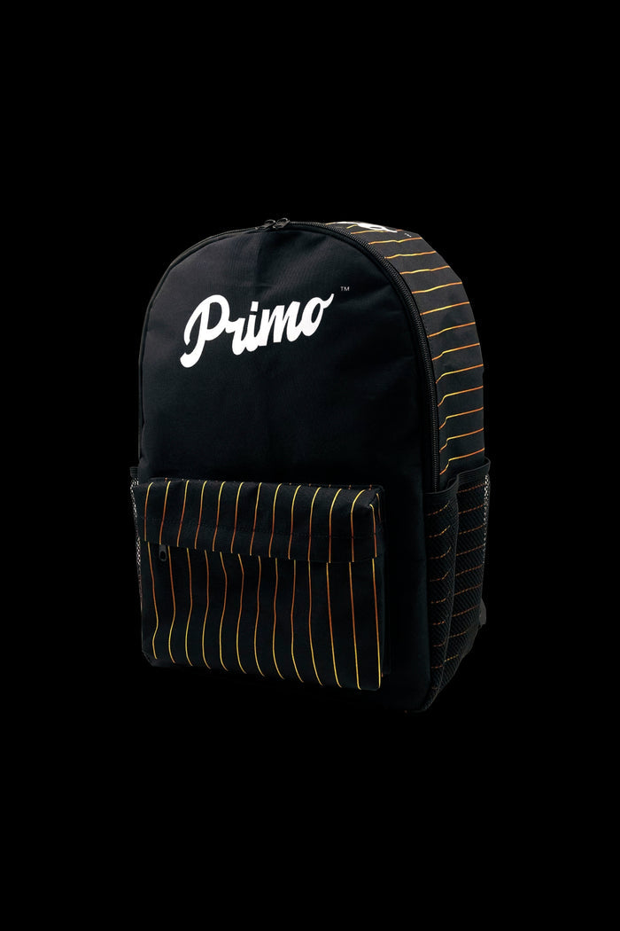 Black backpack with “Primo” logo and cannabis leaf patterned side pockets, isolated on a black background.