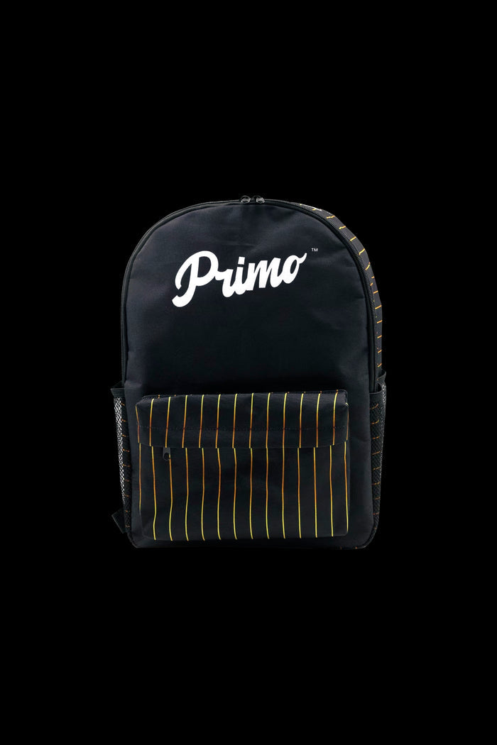 Black backpack with “Primo” logo and yellow accent stripes, likely designed as a cannabis accessory bag.