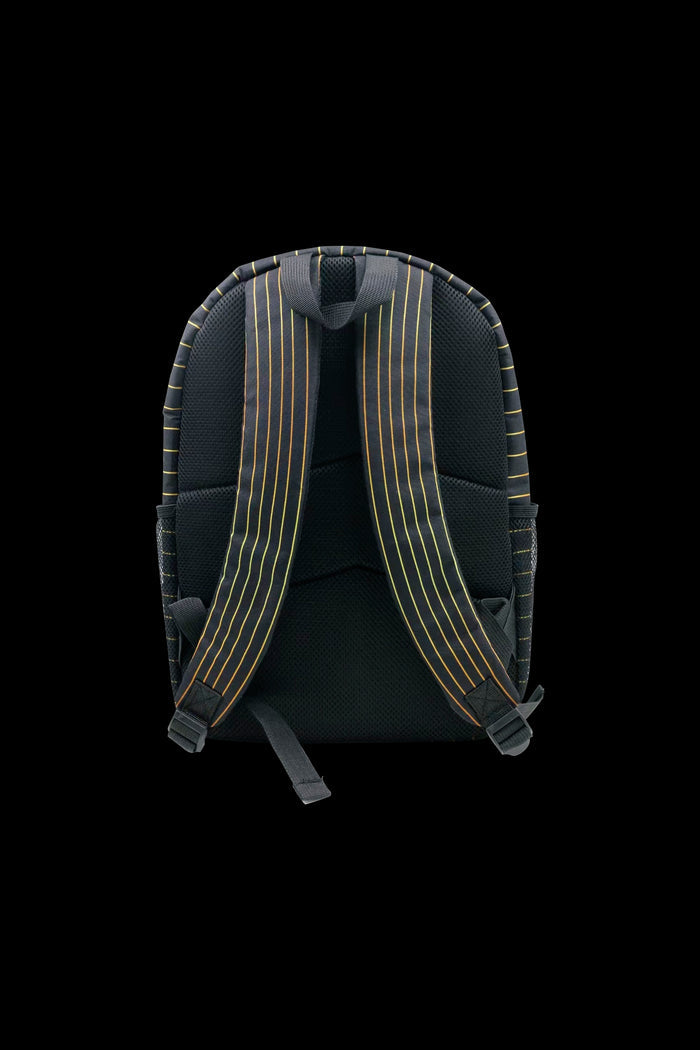 Black and orange cannabis accessories backpack with mesh back panel.