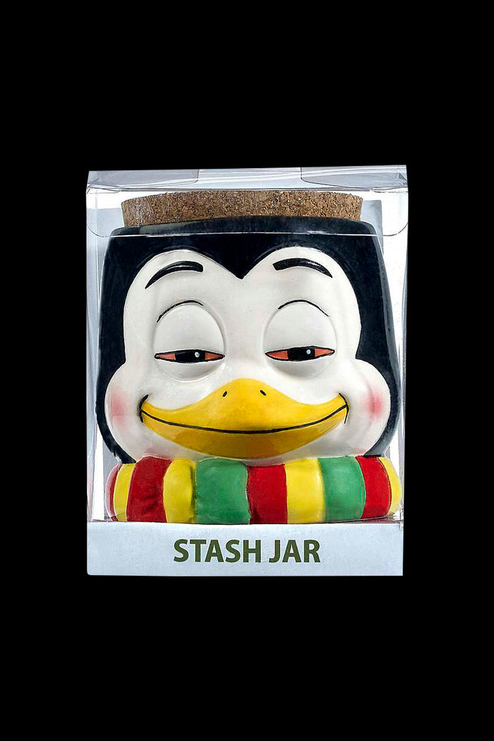 Penguin-shaped ceramic stash jar in packaging, labeled "STASH JAR".
