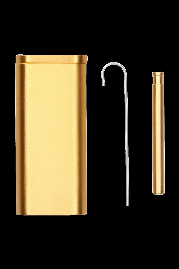 Top-down product shot of a navy Smoke Cartel Aluminum Dugout And Chillum showing the rectangular dugout case, a hooked metal poker, and the slim cylindrical chillum.
