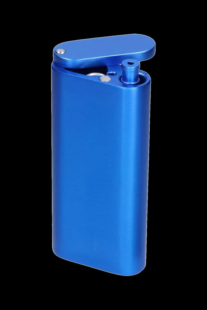 Close-up angled view of a metallic blue Smoke Cartel Aluminum Dugout And Chillum with its flip lid open against a black background.