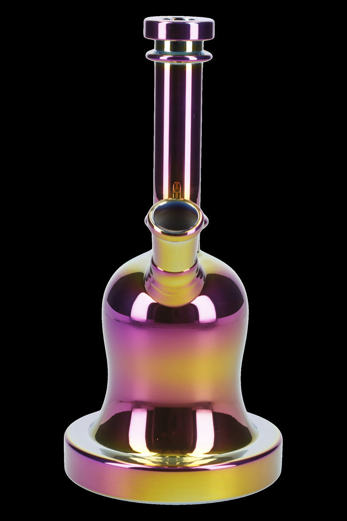 Iridescent glass water pipe (bong) on a black background.