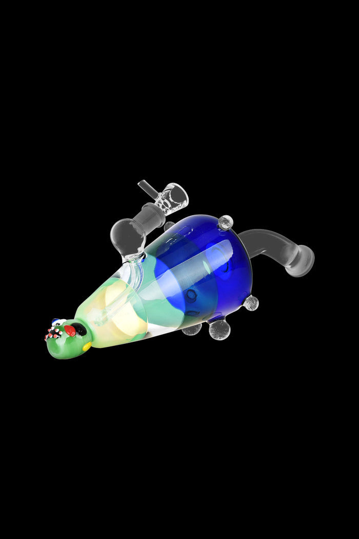 Artistic glass rig with a whimsical, colorful design and bubbler attachment.