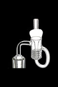 Clear glass dab rig with intricate percolator and angled mouthpiece.