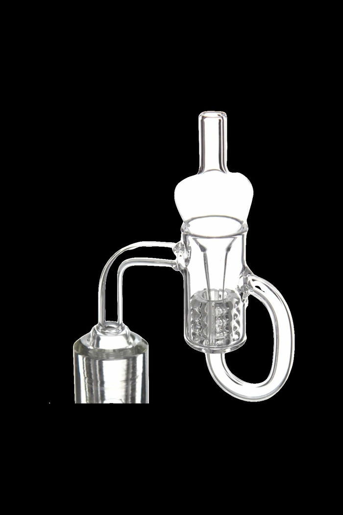 Clear glass dab rig with intricate percolator and angled mouthpiece.