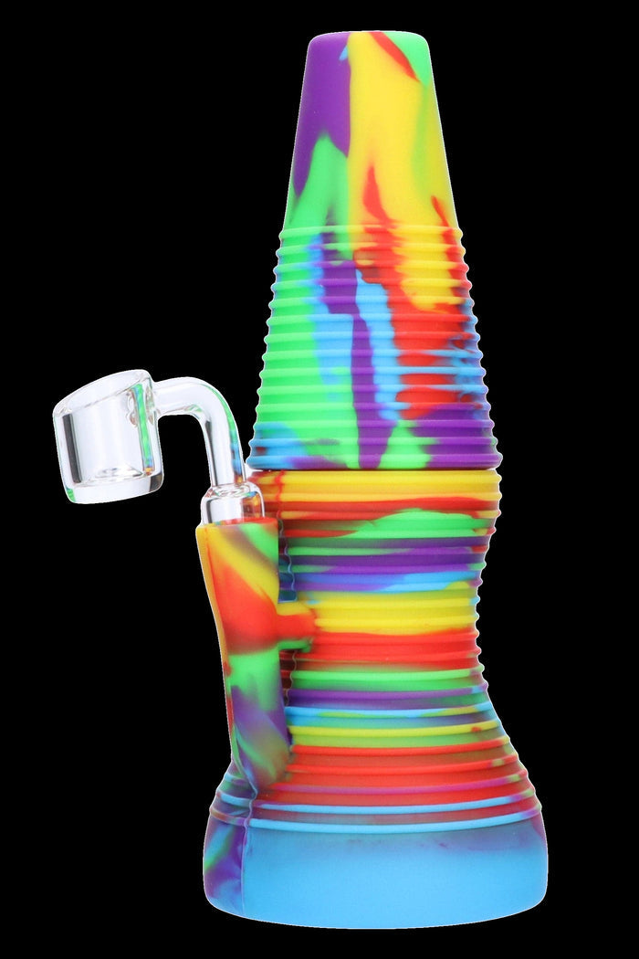 Colorful silicone rig with a quartz banger.