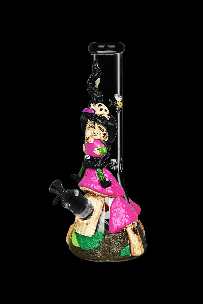 A colorful glass water pipe shaped like a geisha with intricate details and a whimsical bee design.